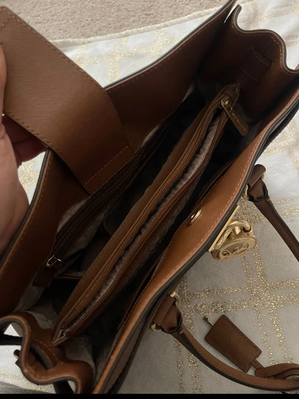 Michael Kors Cognac Saffiano Leather Satchel with Gold Accent